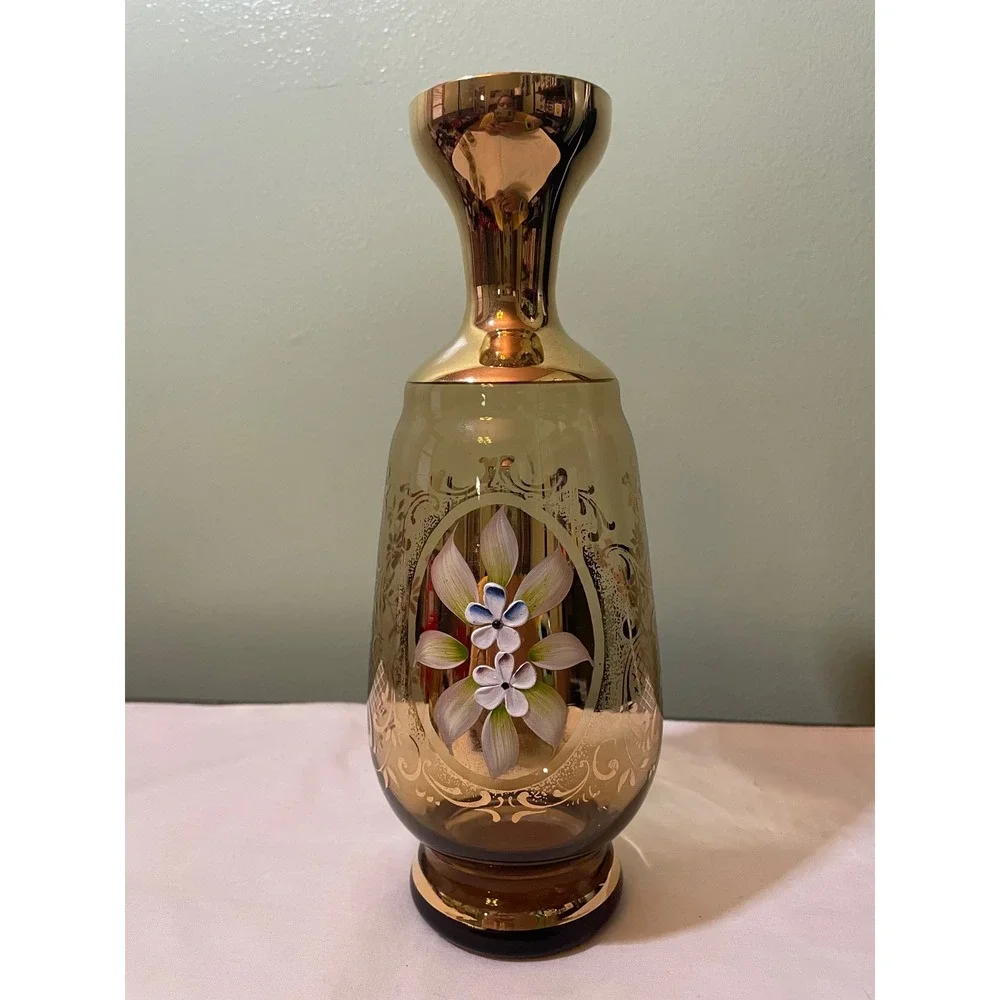 Vintage Amber Gold Encrusted Glass Decanter Set Hand Painted Floral 5pc